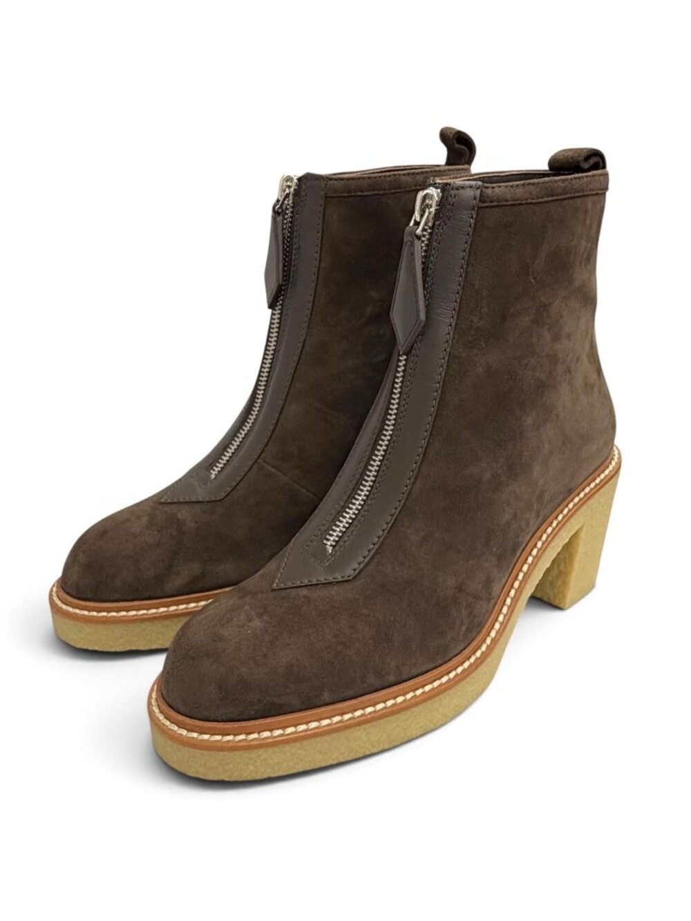 Hermes Single 55 Suede Leather Center Zip Ankle Boots Short Dark Brown